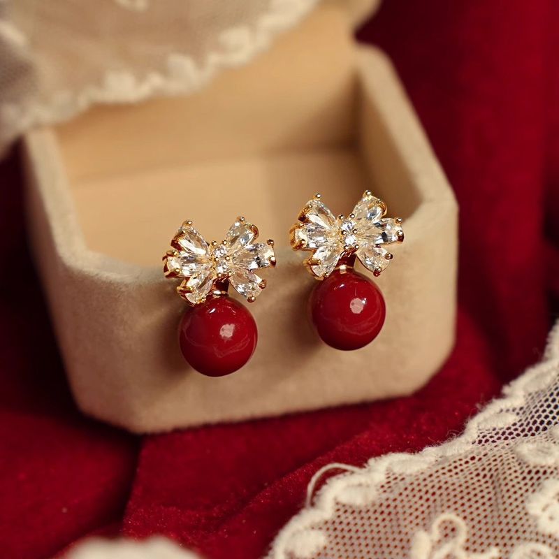 Festive Red Bow Bead Stud Earrings Niche Retro Temperament Earrings_voghion.com