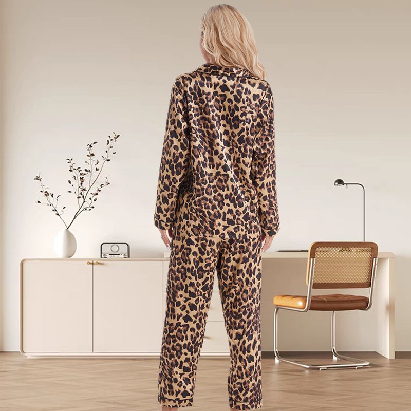 Women Leopard Print New Silk Cardigan Pants Long Sleeve Loungewear Style Printed Pajama Set Plus Size_voghion.com