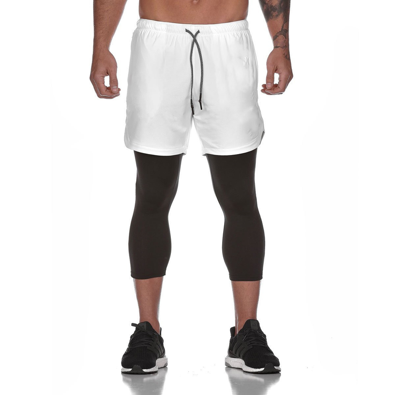 Muscle Fitness Brother Men's Summer Sports Running Fake Two Pieces Double Layer Mesh 7/4 Speed Drying Shorts Light Plate_voghion.com