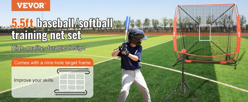 VEVOR 5x5 Ft Baseball Softball Practice Net, Portable Baseball Training Net For Hitting Batting Catching Pitching, Backstop Baseball Equipment With Bow Frame, Carry Bag, Strike Zone, Ball, Batting Tee_voghion.com