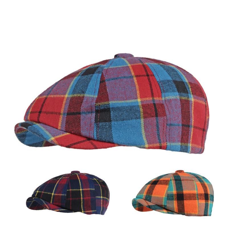 Baumwolle Frühling Sommer Patchwork Plaid Newsboy Caps Flache Schirmmütze Männer und Frauen Maler Baskenmütze Hüte 121_voghion.com