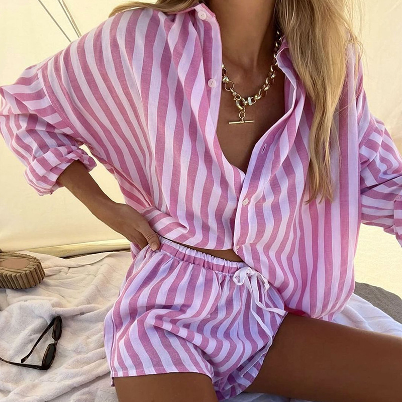 Vêtements pour femmes Été Nouveau cardigan ample pour femmes Haut rayé Short décontracté Ensemble deux pièces_voghion.com