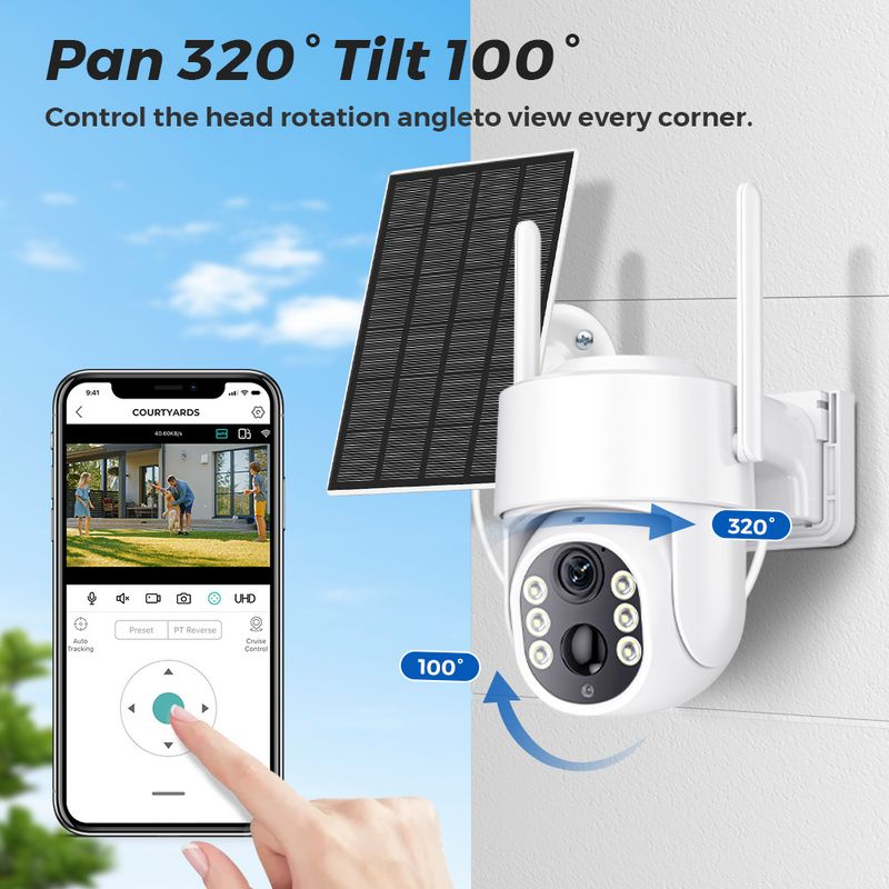 Solar Security Camera WiFi Outdoor - PTZ 360° View Low Power Consumption Rechargeable Battery Weatherproof Night Vision Motion Detection_voghion.com