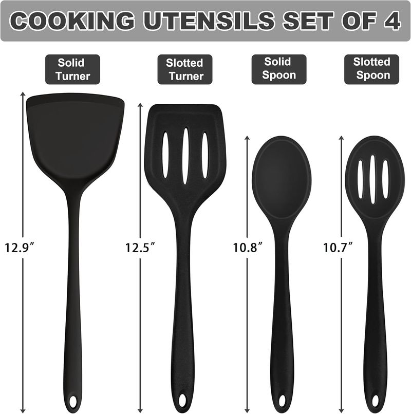 Juego de utensilios de cocina de 4 piezas, con espátula de silicona resistente al calor, cuchara sólida y ranurada para cocinar._voghion.com