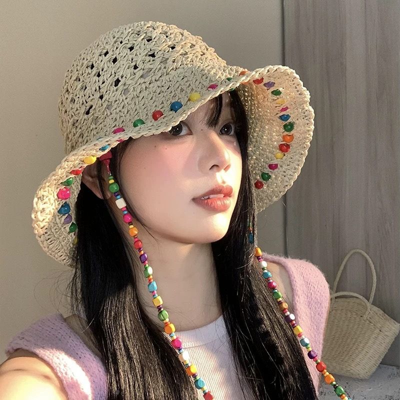 summer Colorful Wooden Bead Straw Hat With Openwork Large Brim, Foldable For Shade._voghion.com