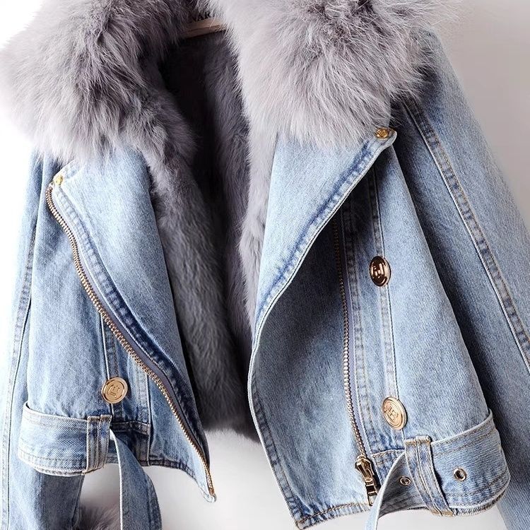 Abnehmbare Jeansjacke mit Kunstfuchspelzfutter für Damen, kurzer Parka-Mantel, warme Winteroberbekleidung, lässige Streetwear_voghion.com