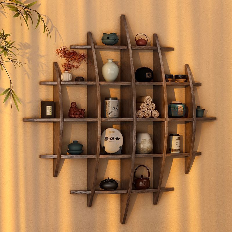 Solid Wood Storage Rack For Living Room, Cup Teapot And Tea Set Rack, Wall-Mounted Chinese Style Multi-Treasure Cabinet_voghion.com
