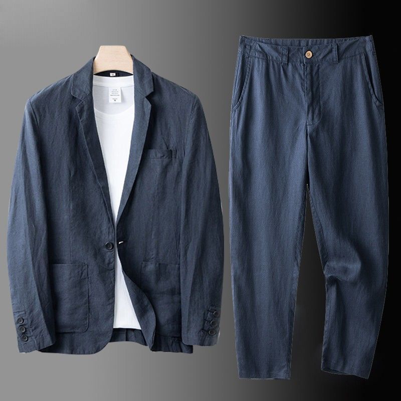 Completo casual da uomo in lino, ampio e sottile, in cotone e lino, due pezzi_voghion.com