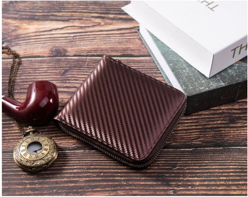 Carteira masculina com porta-cartões, carteira curta com estampa de fibra de carbono, grande capacidade, zíper, porta-cartões, corrente_voghion.com