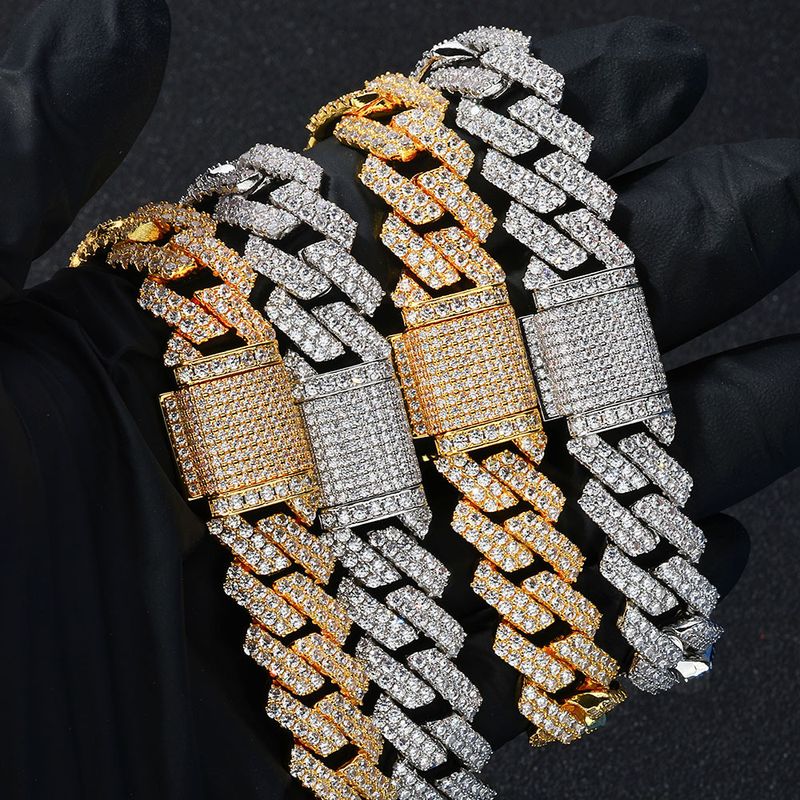 Men's Jewelry Hip Hop Necklace 14mm Copper Inlaid Zircon Diamond Cuban Chain Cross Border Trendy Men's Bracelet Jewelry_voghion.com