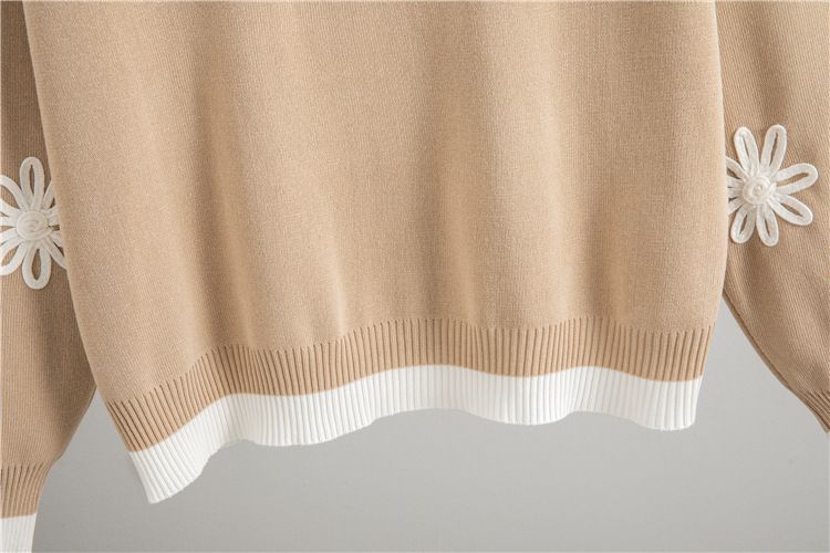 Completo elegante con maglione lavorato a maglia e pantaloni a gamba larga - Ricamo floreale, completo casual chic in due pezzi (disegno a righe e jacquard, misto viscosa e poliestere)_voghion.com