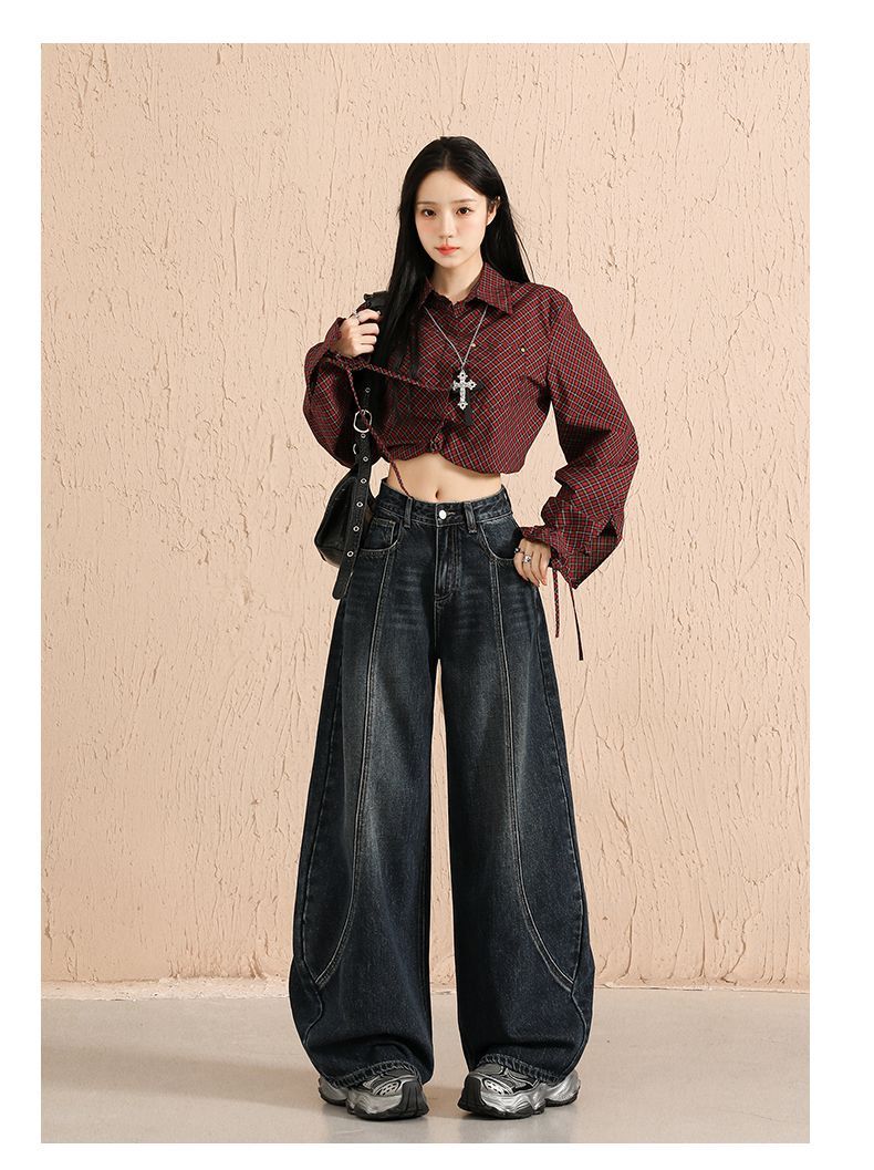 Y2k 2000er-Jahre-Kleidung, Retro-Jeans mit gebogenem weitem Bein für Damen, neue hoch taillierte Hose mit geradem Bein zum Anheben der Gesäßjeans_voghion.com