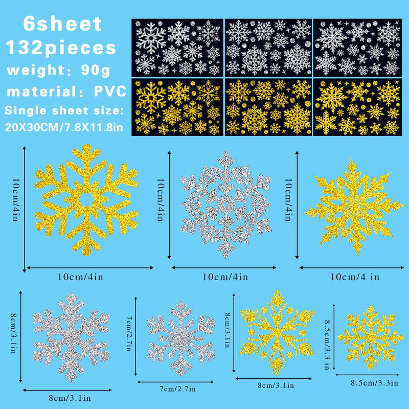 Naklejki na okna świąteczne – złote i srebrne płatki śniegu na szkło, drzwi i ściany (20x30 cm, zestaw 6/9 elementów) – dekoracje świąteczne z PVC_voghion.com