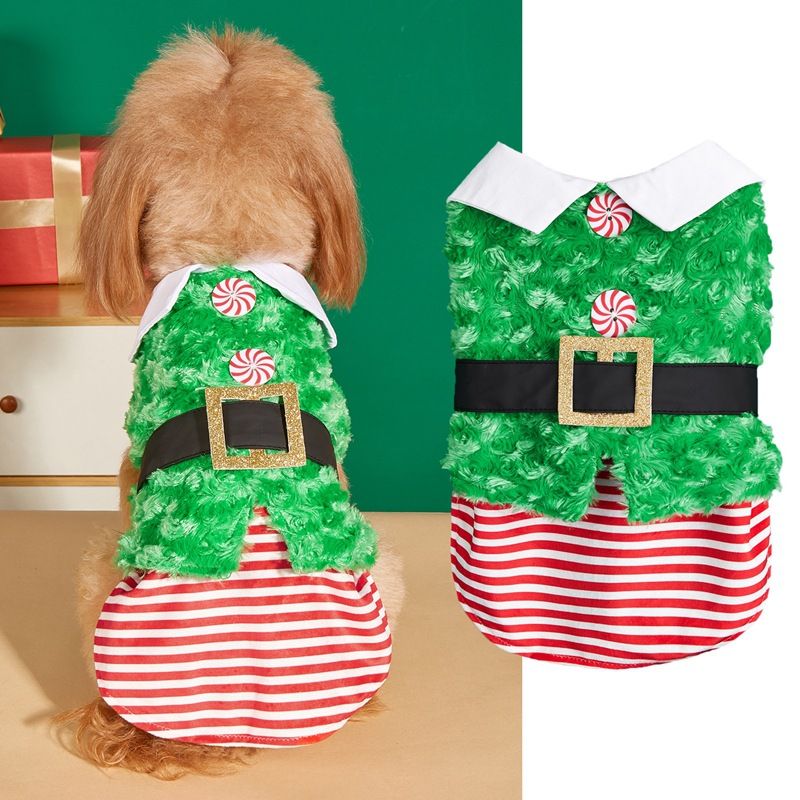 Christmas belt button horizontal slim-fit beautiful red green Christmas teddy Bichon dog fleece coat_voghion.com