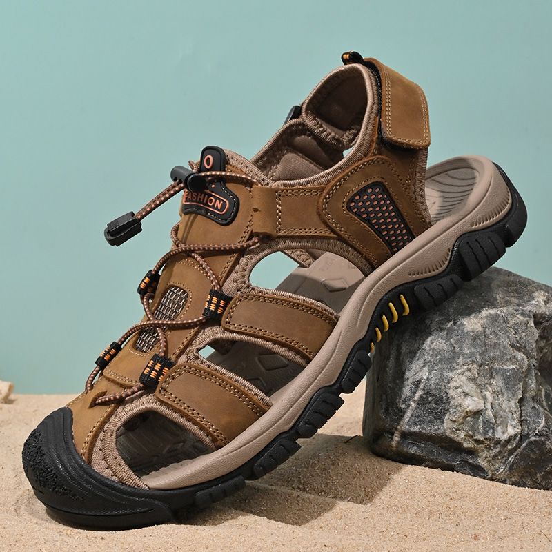 Sandals Men Plus-size Baotou Casual Beach Shoes 2024 Summer Leather Men Outdoor Sports River Slippers Tide_voghion.com