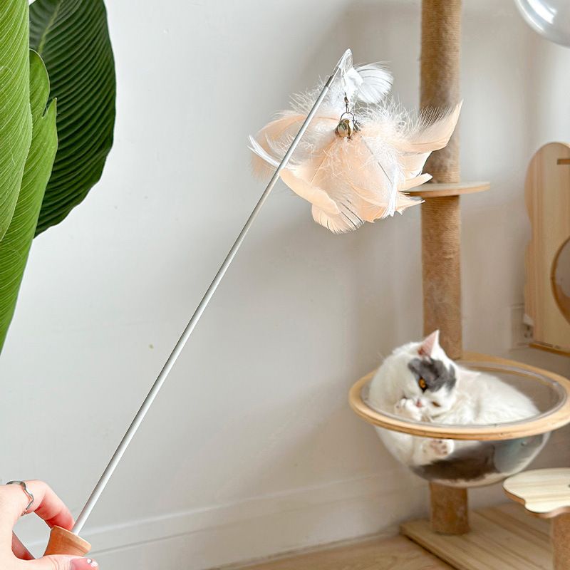 Flower blooming four seasons feather head cat teaser competition grade telescopic rod wooden handle bell feather replacement head cat toy_voghion.com