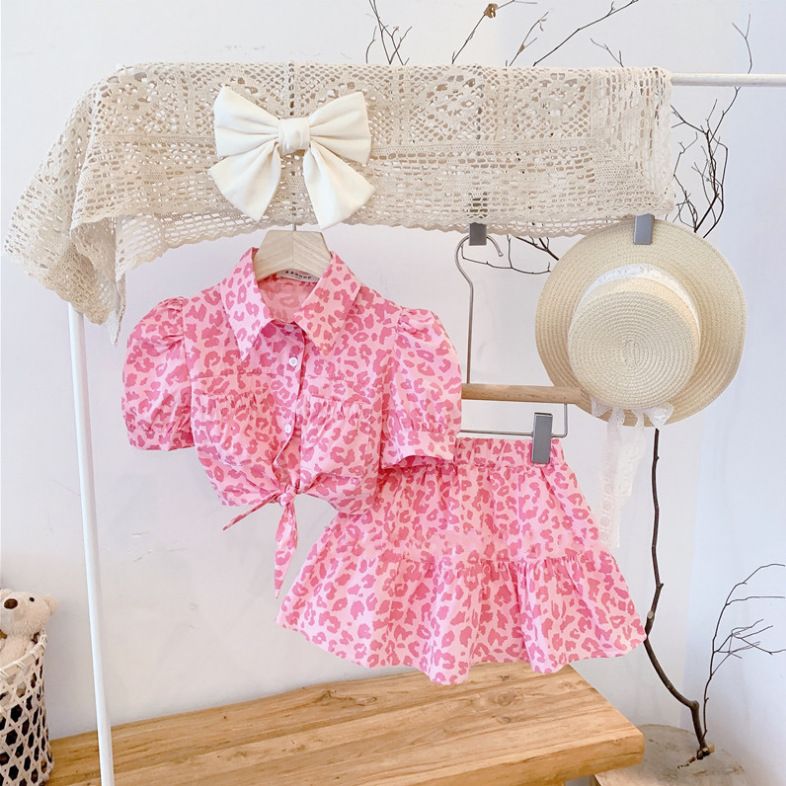 Vêtements pour enfants 2025 printemps et été nouvelle fille rose imprimé léopard taille haute haut et jupe ensemble_voghion.com