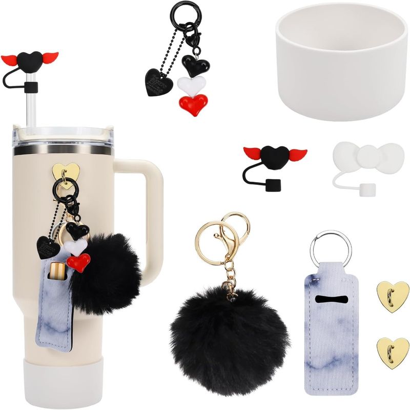 Tassen-Zubehör-Set, 10 mm, Liebesschleife, Strohkappe, weicher Kleber, Tassenabdeckung, bunte Kugel, Anhänger, Dekoration_voghion.com