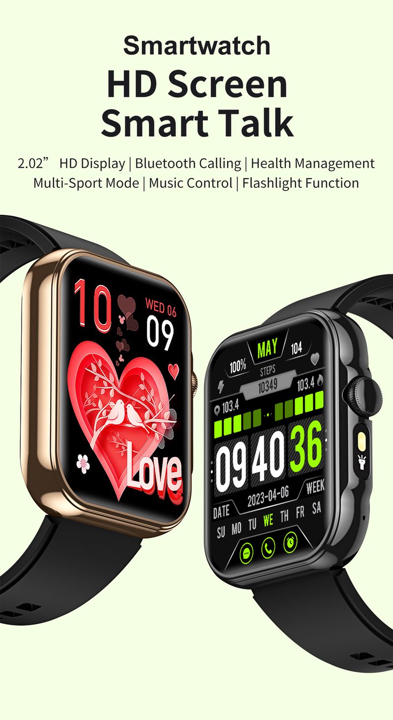 Men Women Bluetooth Call Smart Watch 2.02" AMOLED Screen Fitness Tracker Heart Rate Sleep Blood Oxygen Monitor With LED Flashlight_voghion.com