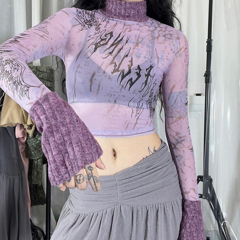 Q23TP750 2024 Top corto con ombligo expuesto y retazos de malla con estampado de patrón para mujer, nuevo estilo de Instagram_voghion.com