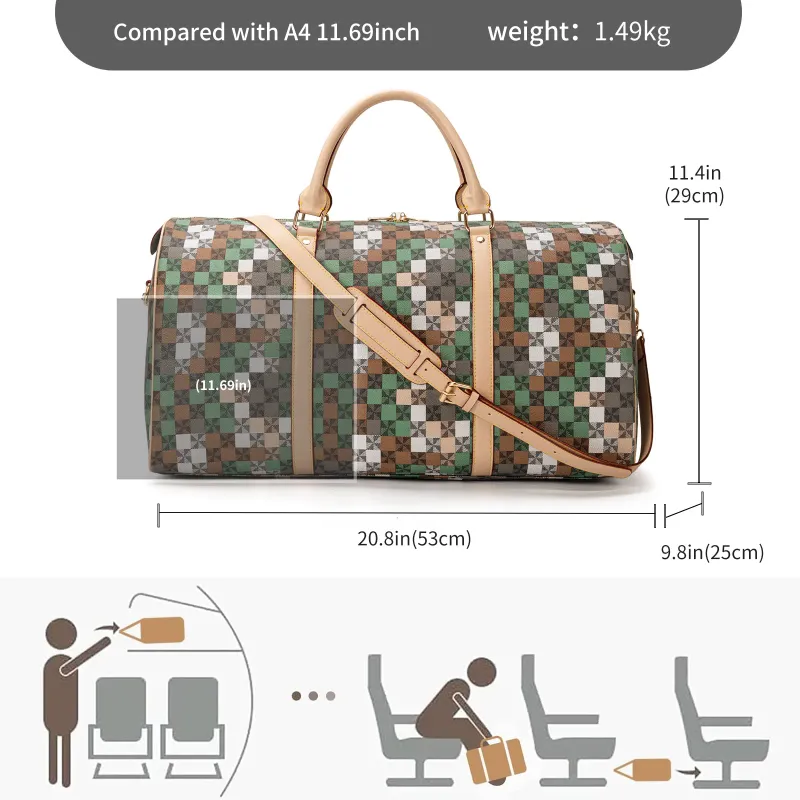 Designer Bag Free Shipping Geometric Checkered Duffle Bag With Adjustable Strap And Top Handles_voghion.com