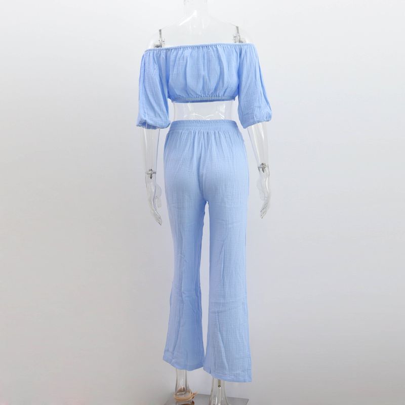 Damen-Knitterstoff aus reiner Baumwolle, einfarbig, kurzärmliges Oberteil mit Kragen, Hose mit hoher Taille und weitem Bein, lässiger Anzug_voghion.com