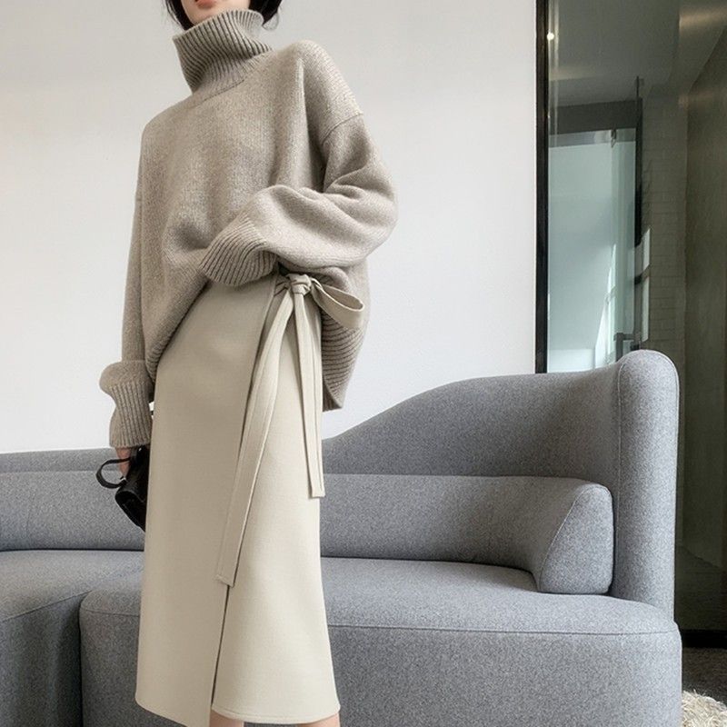 Maglione oversize da donna in misto cashmere con collo alto - Pullover morbido e ampio in maglia con motivo 3D, caldo top casual invernale_voghion.com