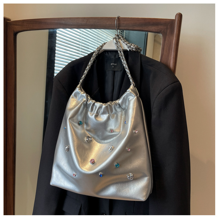 Kæde Affaldspose Taske Dame Ny Trendy Mode Dametaske Skuldertaske Farve Diamant Tote Bag Stor Kapacitet Bucket Bag_voghion.com