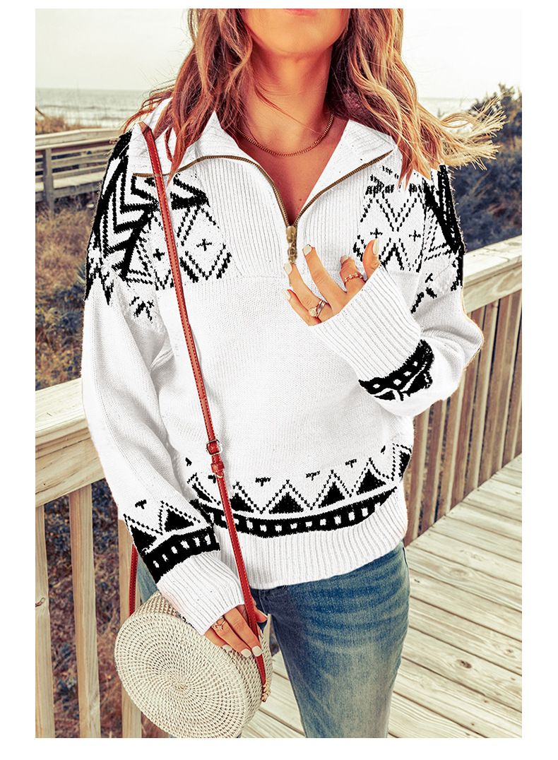 Shi Ying Sweater Autumn and Winter New Stand up Neck Geometric Pattern Zipper Long Sleeve Loose Top Women's_voghion.com