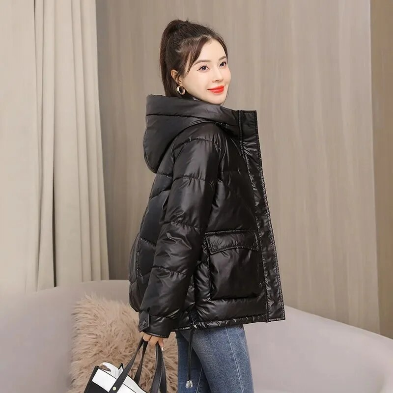 2023 nowych kobiet kurtka zimowa błyszcząca kurtka typu Parka luźny płaszcz podstawowy z kapturem bawełniane wyściełane kobiece parki kurtki studenckie_voghion.com