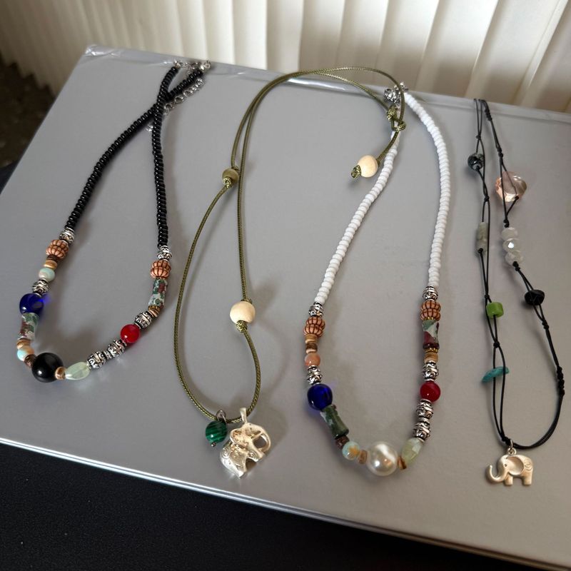 Elephant Pendant Necklace Female Hand-woven Colored Natural Stone Neck Chain Light Luxury Niche New Chinese Beaded Sweater Chain_voghion.com