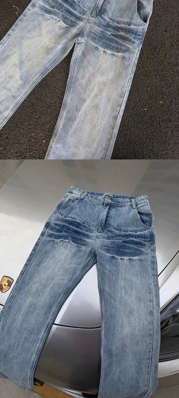 Light Blue Lightning Wash Jeans – Men’s Cleanfit Vintage Bootcut Denim (Curved Hem, Streetwear Style)_voghion.com