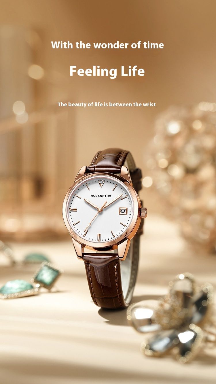 Fashionable Pointer Night Glow Women's Real Diamond Tourbillon Leather Butterfly Buckle Waterproof Quartz Band Calendar_voghion.com