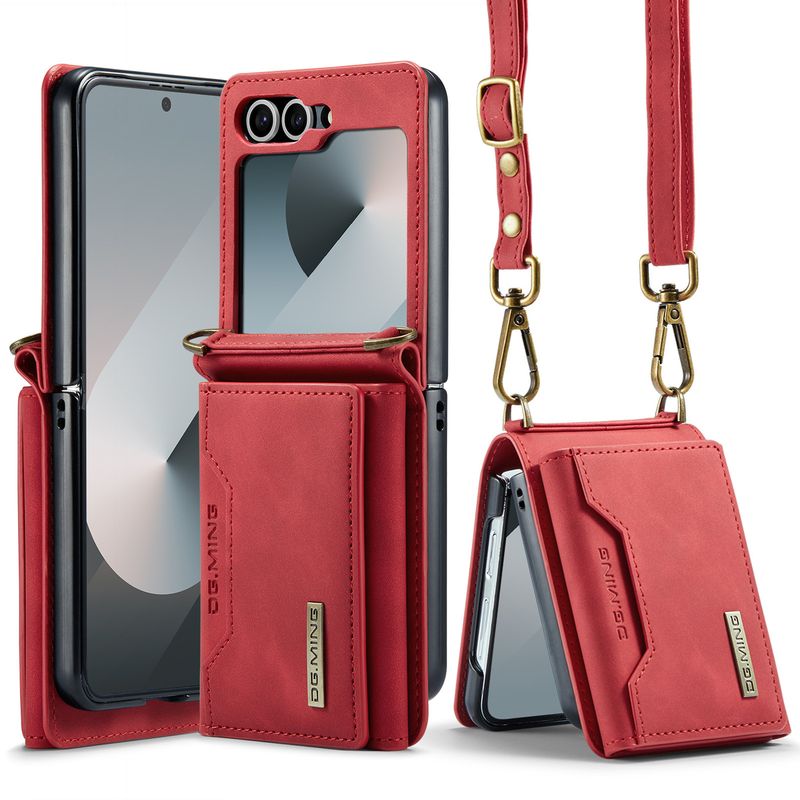 Custodia pieghevole M2 per Samsung Z Flip6 Custodia per telefono con portafoglio per carte Custodia protettiva in pelle con tracolla Z Flip6_voghion.com