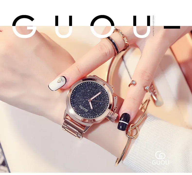 Orologio da donna alla moda Guou con cinturino in acciaio, quadrante piccolo con diamanti, orologio da polso al quarzo, design elegante con cielo stellato_voghion.com