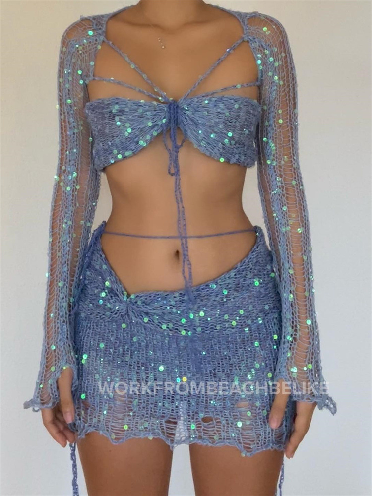 Damenbekleidung Mode Langarm Wollkurzer Rock Nabel freiliegendes T-Shirt Dreiteiliges Set_voghion.com