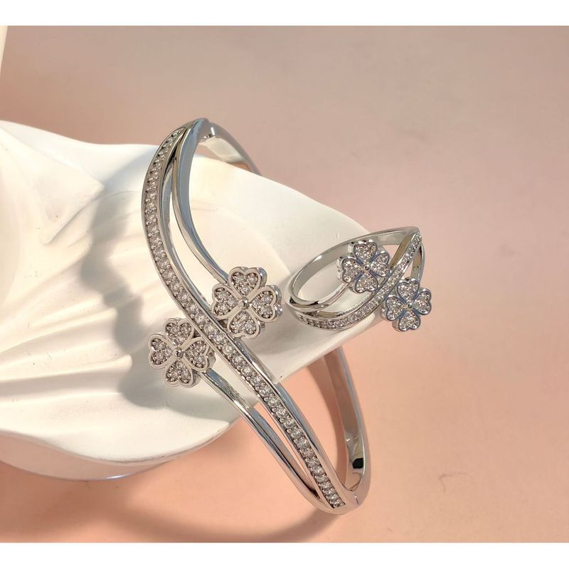 Accessoire Bracelet Bague Plaqué Or Véritable Trèfle Porte-Bonheur Ensemble De Diamants Polyvalent À La Mode_voghion.com