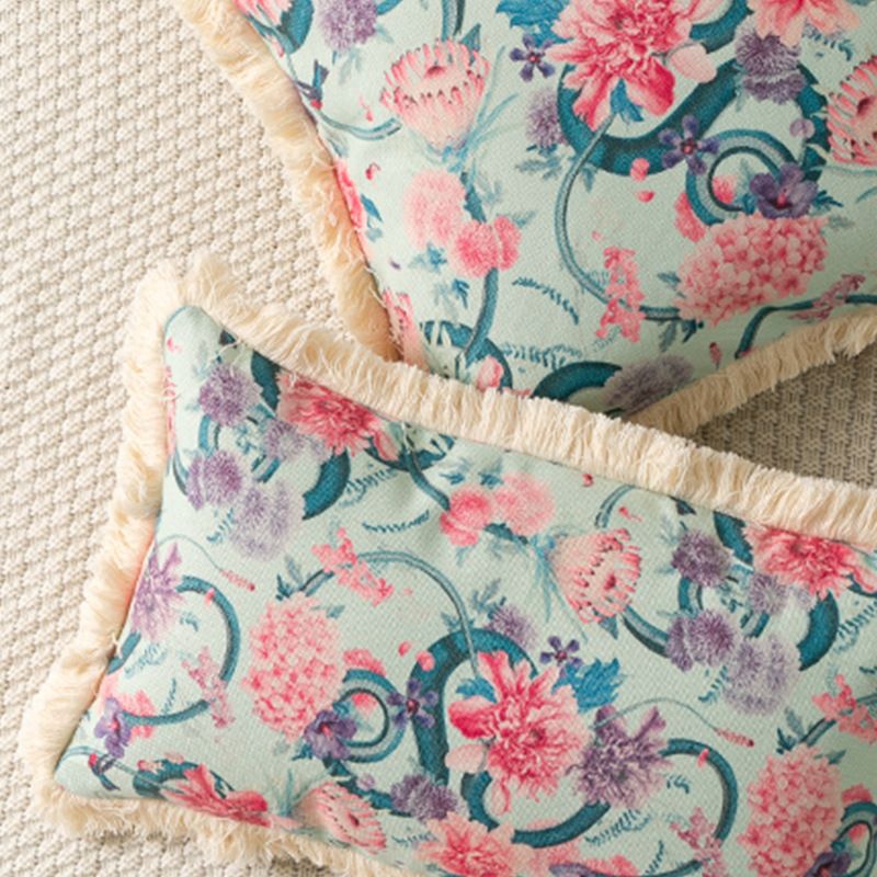 Funda de cojín para sofá con estampado de flores y plantas de colores decorativos con borde de borlas de estilo nórdico_voghion.com
