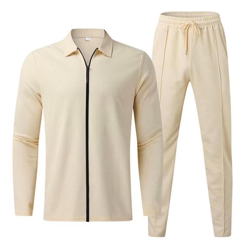 Outono e inverno novo terno casual, manga waffle calças compridas conjunto de duas peças, terno masculino_voghion.com