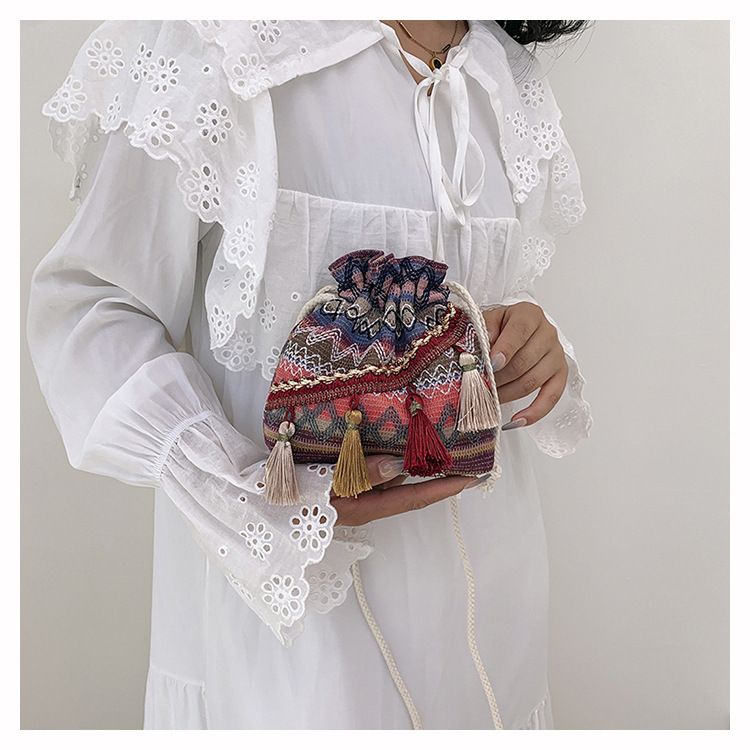 Borsa a secchiello da donna, stile etnico, borsa a tracolla con coulisse e nappa, borsa a secchiello da donna_voghion.com