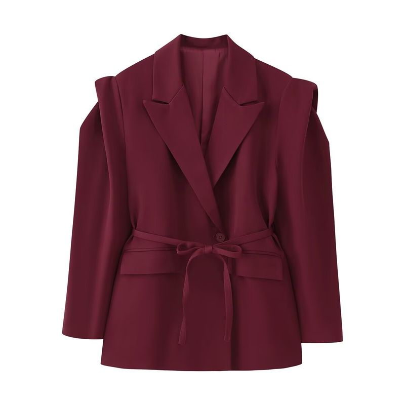 "Elegant Inspired Belted Blazer With Wide Shoulder Pads Stylish Ties Oversized Fit, Long Sleeve, Versatile Streetwear For Women (S/M/L, )_voghion.com
