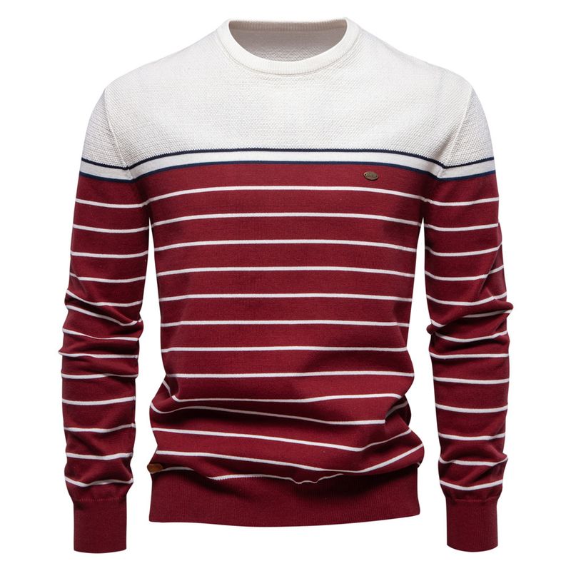 Men's Clothing New Striped Color Matching Long Sleeved Men's Knitted Sweater Fashionable Round Neck Men's Casual Sweater_voghion.com