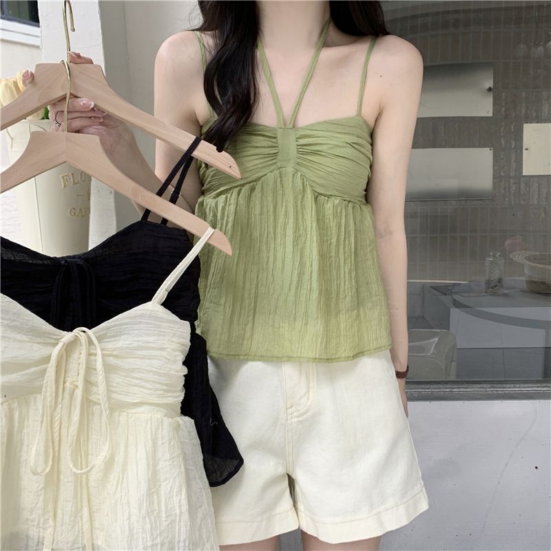 Women's Clothing Pure Color Small Fresh French Suspenders Women's Halter New Sweet Small Vest Outerwear Double Layer Suspenders_voghion.com