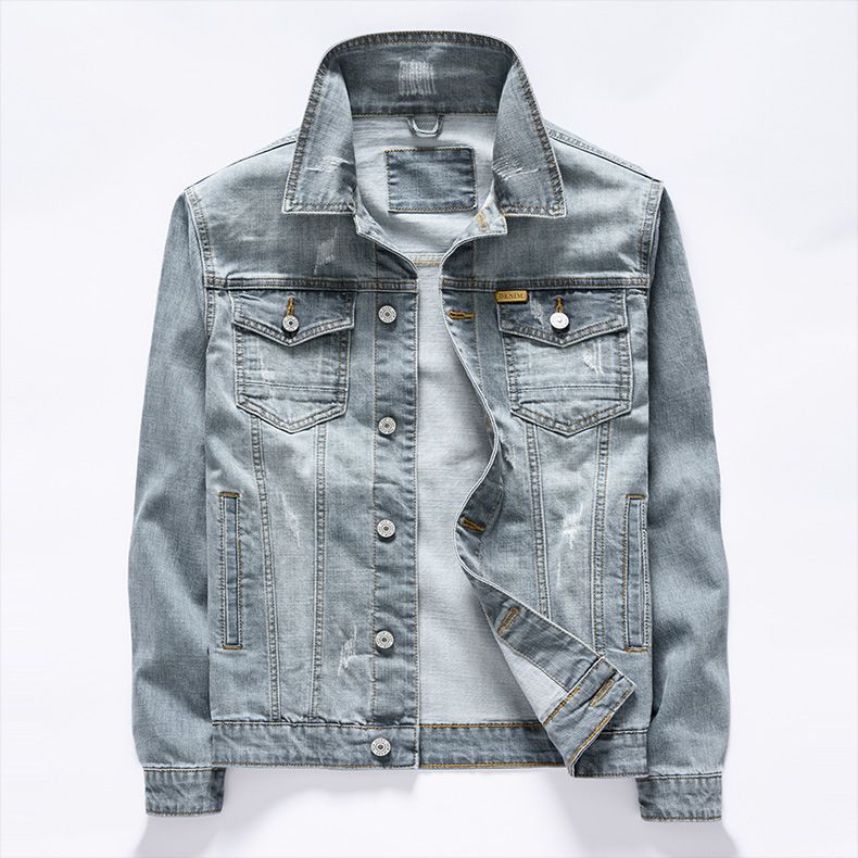 Hübsche Jeansjacke für Herren im koreanischen Stil – trendiger Slim Fit-Freizeitmantel mit heller Waschung – jugendliche Streetwear für alle Jahreszeiten_voghion.com