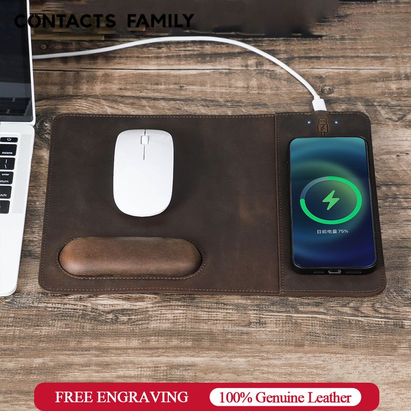 15W Wireless Fast Chargers Pad With Genuine Leather Charging Mouse Mat For PC Computers Laptops Office Accessories_voghion.com