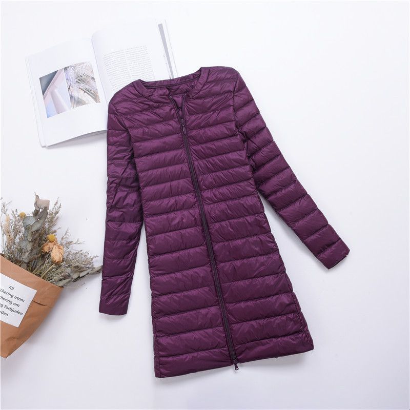 Doudoune longue légère pour femme avec fermeture à boutons-pression, coupe ajustée, col rond, doublure chaude en plumes de canard, manteau mi-long tendance_voghion.com
