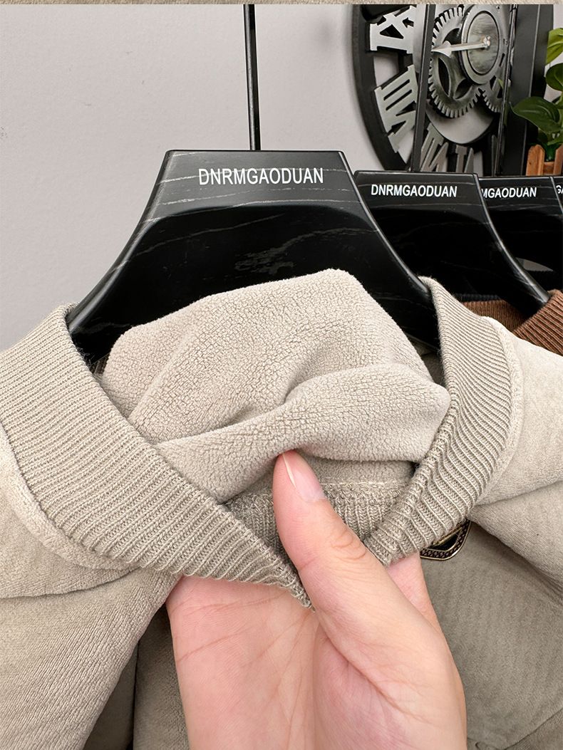 Men's Fleece-Lined Pullover Sweatshirt - Soft Thermal Long Sleeve Crewneck Top With Stylish Letter Print, Winter Casual Loungewear For Plus Size_voghion.com