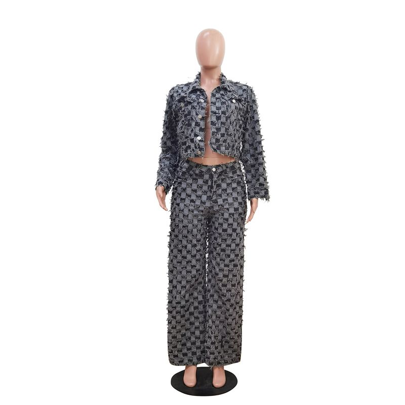 Women's Clothing Casual Jacquard Plaid Washed Denim Suit Women's Casual Jacquard Checkered Washed Denim Outfit Set Winter Wear Grey S-XXL_voghion.com