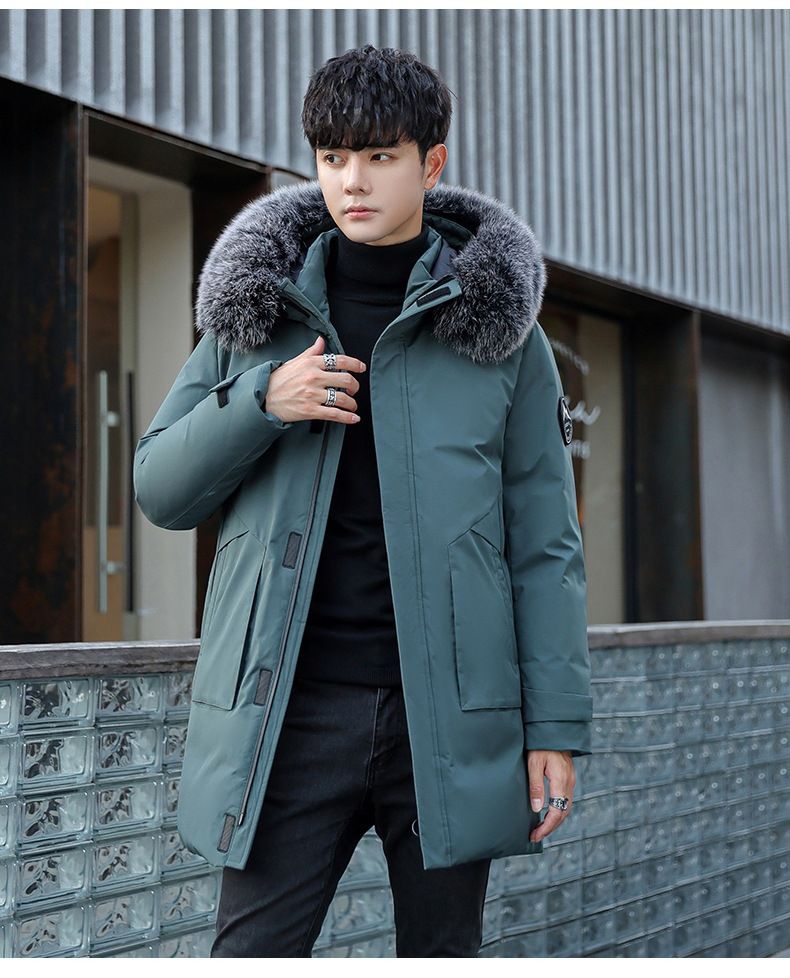 Daunenjacke Herren mittellang 2024neue Kapuze großer Pelzkragen modische Winter verdickte Herrenjacke trendige Männer_voghion.com