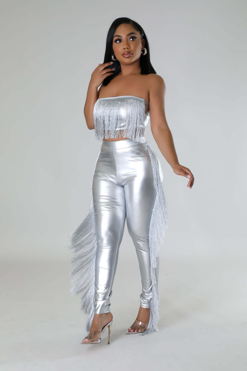 Women's sexy bust-wrapped tassel slim trousers two-piece nightclub suit_voghion.com